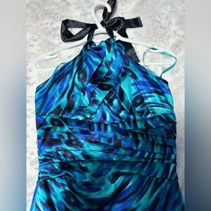 Y2K Le Chateau Vibrant Silky Blue/Green Leopard Printed Halter Dress SM